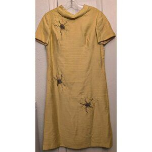 Vintage 60s Henry Lee Yellow Mid-Length Dress Women's 8/10 Beaded Lined Embroide